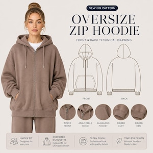 Oversized Hoodie Sewing Pattern PDF, Unisex Hoodie Pattern S-5XL, Zip Up Jacket, A4 US Letter A0, Digital Download