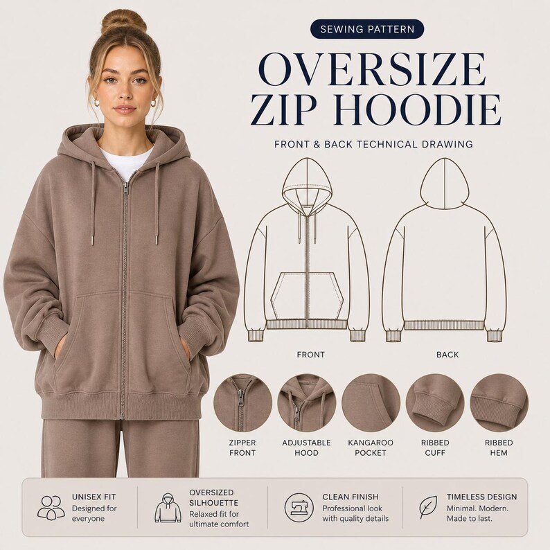 Oversized Hoodie Sewing Pattern PDF, Unisex Hoodie Pattern S-5XL, Zip Up Jacket, A4 US Letter A0, Digital Download