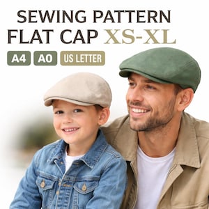 May include: Image of a sewing pattern for a flat cap, sizes XS-XL. A man and a child are wearing flat caps. The man's cap is green, and the child's is beige. The text on the image includes "Sewing Pattern Flat Cap XS-XL" and "A4 AO US Letter."