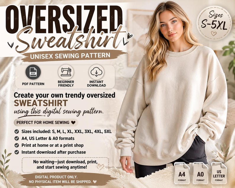 Oversized Sweatshirt Pattern PDF Unisex S-5XL | Easy Sewing Pattern Beginner Friendly | Printable A4 A0 US Letter