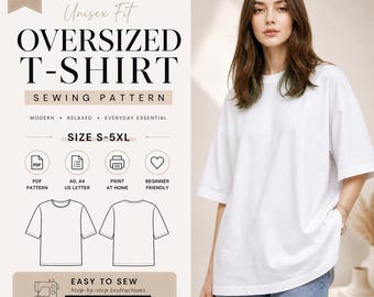 Oversized T Shirt Sewing Pattern PDF Unisex S-5XL, Printable A4 A0 US Letter, Easy Beginner Tee Pattern, Loose Fit Shirt