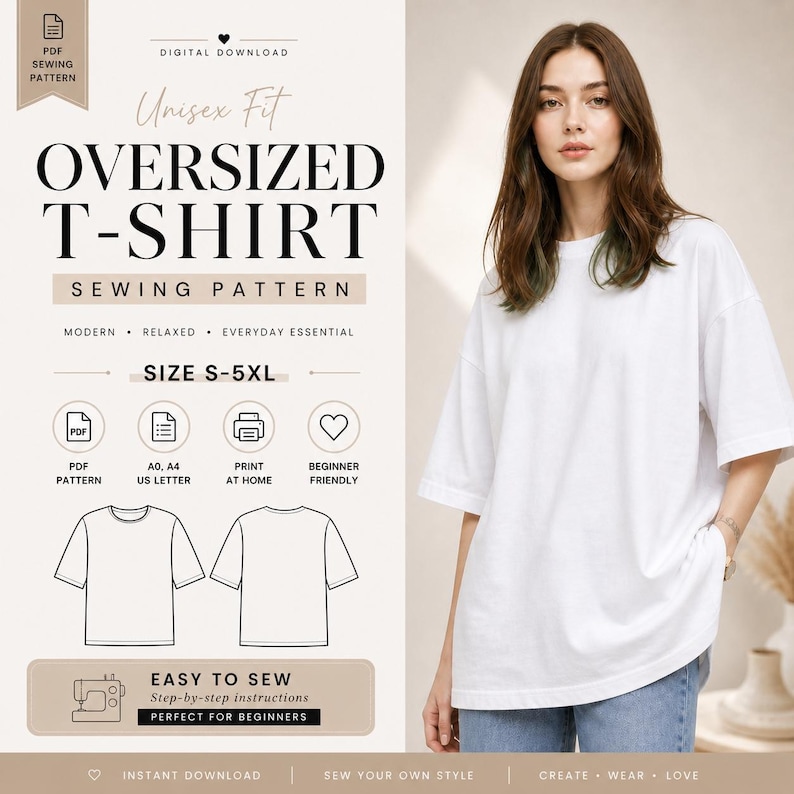May include: A white oversized t-shirt, part of a sewing pattern, is modeled by a person. The pattern includes instructions for sizes S-5XL, and features the text "Unisex Fit OVERSIZED T-SHIRT SEWING PATTERN". The pattern is described as modern, relaxed, and an everyday essential.