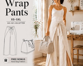 Patrón de costura PDF para pantalones cruzados XS-5XL / Patrón de pantalones palazzo de pierna ancha ajustables / Pantalones cruzados con cinturón / Bolso de regalo
