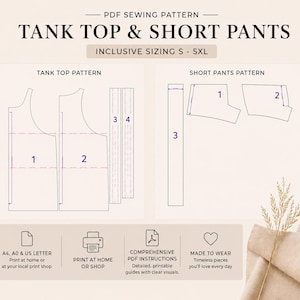 May include: A PDF sewing pattern for a tank top and short pants, inclusive sizing S-5XL. The pattern includes diagrams for the tank top and short pants, with numbered sections. The image also includes text about printing instructions and comprehensive PDF guides.