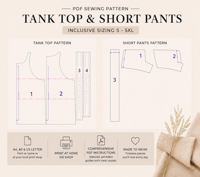 May include: A PDF sewing pattern for a tank top and short pants, inclusive sizing S-5XL. The pattern includes diagrams for the tank top and short pants, with numbered sections. The image also includes text about printing instructions and comprehensive PDF guides.