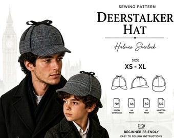 Deerstalker Hat pdf XS-XL, Sherlock Holmes Cap, A4 A0 US Letter, Beginner Friendly, Digital Download