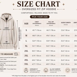 Peut inclure: Tableau des tailles pour un sweat &agrave; capuche zipp&eacute; ample, avec des mesures en pouces et cm. Le tableau comprend les mesures de la poitrine, des hanches, de la longueur des manches et de la longueur &agrave; partir du point le plus haut de l'&eacute;paule pour les tailles S &agrave; 5XL.