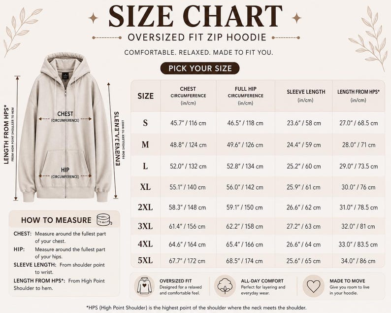 Peut inclure: Tableau des tailles pour un sweat &agrave; capuche zipp&eacute; ample, avec des mesures en pouces et cm. Le tableau comprend les mesures de la poitrine, des hanches, de la longueur des manches et de la longueur &agrave; partir du point le plus haut de l'&eacute;paule pour les tailles S &agrave; 5XL.