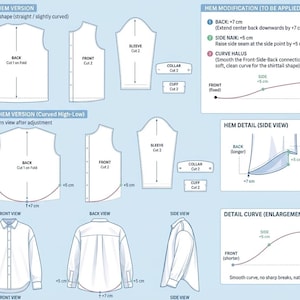 Oversized Shirt Pattern PDF, Unisex Button Up Sewing Pattern, Shirttail & Straight Hem, S-5XL Digital Download