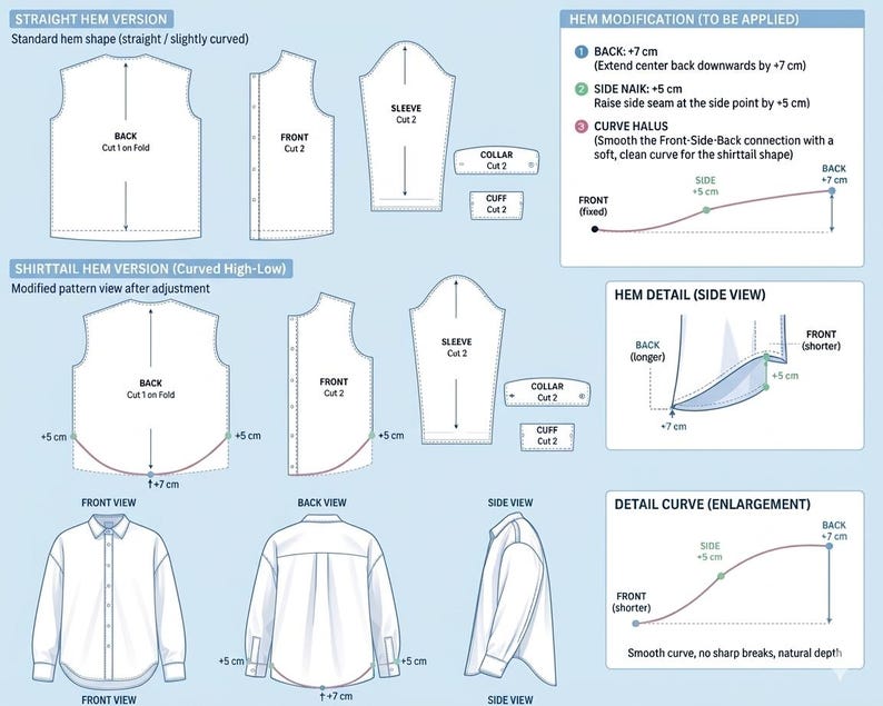 Oversized Shirt Pattern PDF, Unisex Button Up Sewing Pattern, Shirttail & Straight Hem, S-5XL Digital Download