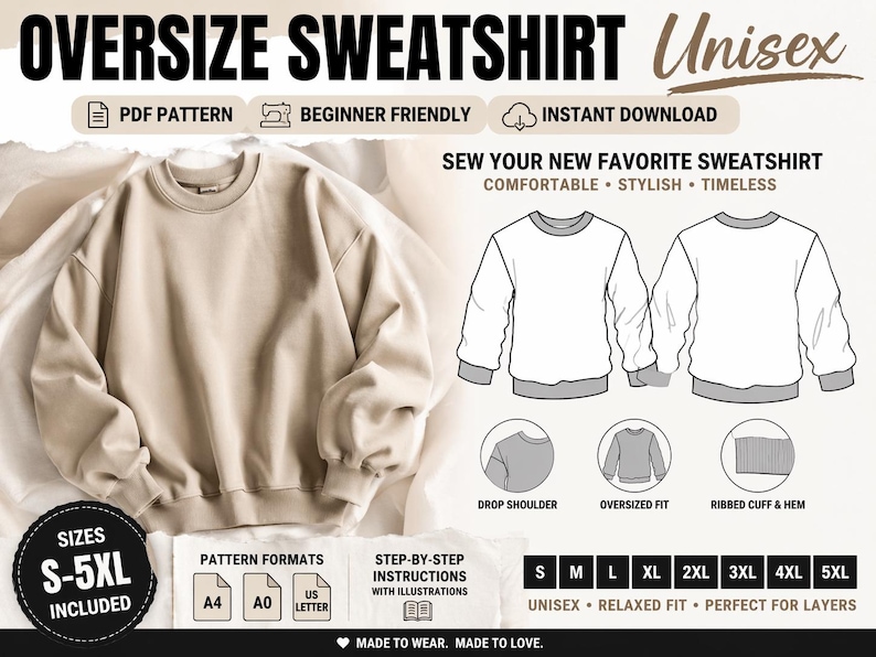 Oversized Sweatshirt Pattern PDF Unisex S-5XL | Easy Sewing Pattern Beginner Friendly | Printable A4 A0 US Letter