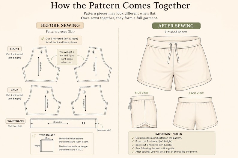 May include: Diagram illustrating how to sew shorts, with flat pattern pieces and a finished shorts image. Includes instructions for cutting, mirroring, and sewing. The test square measures 4" x 2".