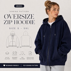 Może przedstawiać: Wzór szycia na bluzę z kapturem z zamkiem błyskawicznym w kolorze granatowym. Wzór jest unisex i zawiera rozmiary S-5XL. Zdjęcie przedstawia kobietę w granatowej bluzie z kapturem z zamkiem błyskawicznym. Wzór jest przyjazny dla początkujących.