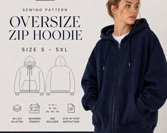 Oversized Hoodie Sewing Pattern PDF, Unisex Hoodie Pattern S-5XL, Zip Up Jacket, A4 US Letter A0, Digital Download