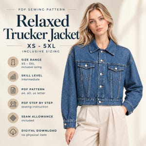 Könnte beinhalten: Eine blaue Jeansjacke mit Kragen, Knopfleiste und zwei Brusttaschen. Der Text auf dem Bild lautet: PDF SEWING PATTERN, Relaxed Trucker Jacket, XS - 5XL INCLUSIVE SIZING, SIZE RANGE, SKILL LEVEL, PDF PATTERN, PDF STEP BY STEP, SEAM ALLOWANCE, DIGITAL DOWNLOAD.