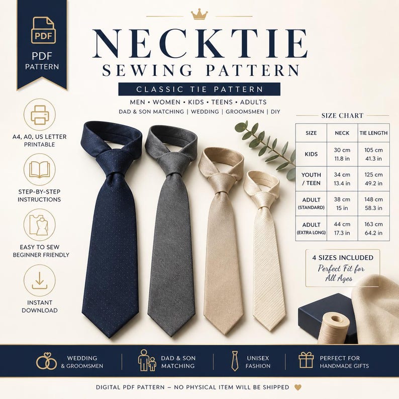 Necktie Sewing Pattern PDF | Classic Tie Pattern for Men, Kids & Adults | Dad Son Matching Wedding Groomsmen DIY