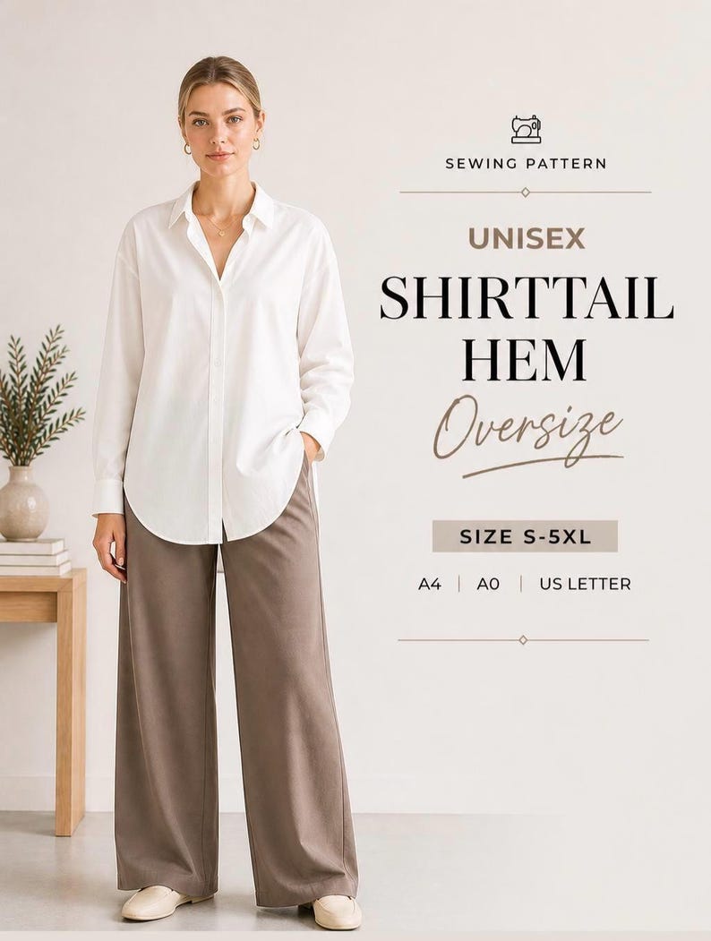 Oversized Shirt Pattern PDF, Unisex Button Up Sewing Pattern, Shirttail & Straight Hem, S-5XL Digital Download