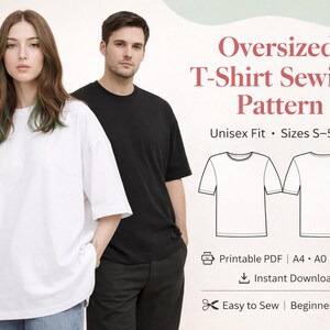 Oversized T Shirt Sewing Pattern PDF Unisex S-5XL, Printable A4 A0 US Letter, Easy Beginner Tee Pattern, Loose Fit Shirt