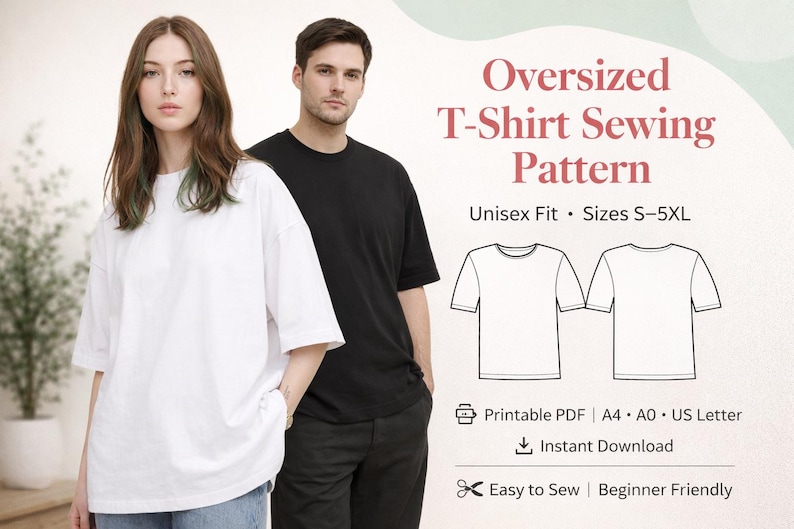 Oversized T Shirt Sewing Pattern PDF Unisex S-5XL, Printable A4 A0 US Letter, Easy Beginner Tee Pattern, Loose Fit Shirt