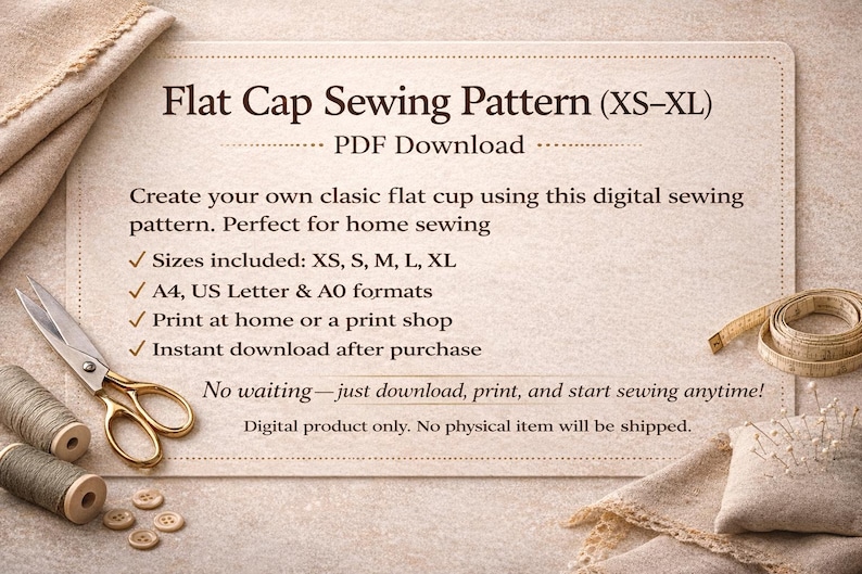 Flat cap sewing pattern XS-XL pdf | Classic newsboy hat pattern | A4 A0 US letter | Mens kids cap pattern