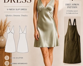 Slip Dress Sewing Pattern pdf XS-XL Bias Cut Dress + Bonus Apron Pattern Printable A4 US Letter