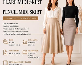 Flare Midi Skirt and Pencil Midi Skirt Sewing Pattern Bundle | PDF Sewing Pattern | XS–5XL | A4, US Letter & A0 | Confident Beginner