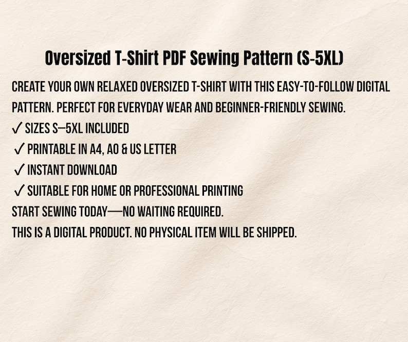 Oversized T Shirt Sewing Pattern PDF Unisex S-5XL, Printable A4 A0 US Letter, Easy Beginner Tee Pattern, Loose Fit Shirt