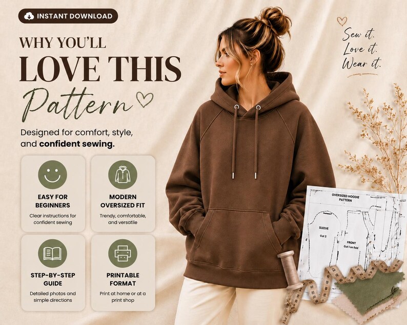 Oversized Hoodie Sewing Pattern PDF S-5XL, Unisex Sweatshirt Pattern, Beginner Easy Hoodie DIY, Printable A4 A0 US Letter Digital Download