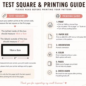 Peut inclure: Un guide d'impression de patrons avec un carr&eacute; de test, bordure noire de 10cm x 5cm et int&eacute;rieur blanc de 10cm x 5cm. Instructions pour les param&egrave;tres d'impression, format de papier, orientation et couleurs. Texte : "TEST SQUARE & PRINTING GUIDE".