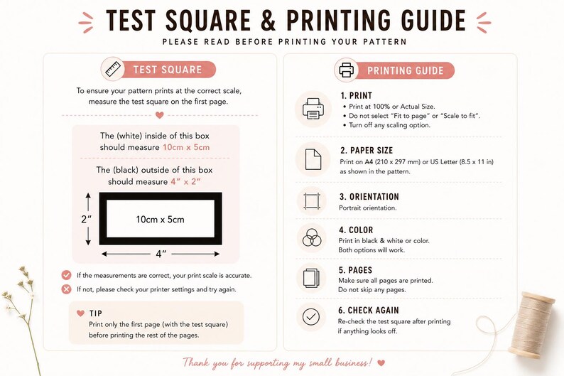 Peut inclure: Un guide d'impression de patrons avec un carr&eacute; de test, bordure noire de 10cm x 5cm et int&eacute;rieur blanc de 10cm x 5cm. Instructions pour les param&egrave;tres d'impression, format de papier, orientation et couleurs. Texte : "TEST SQUARE & PRINTING GUIDE".