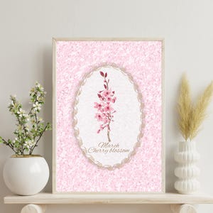Birth flowers March, brith flower wall art, cherry blossom print, birth flower gift, birth flower illustration, home decor, instant download