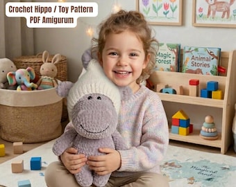 Crochet Hippo Toy Pattern, Amigurumi Animal Tutorial (PDF)