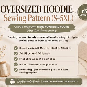 Oversized Hoodie Sewing Pattern PDF S-5XL, Unisex Sweatshirt Pattern, Beginner Easy Hoodie DIY, Printable A4 A0 US Letter Digital Download