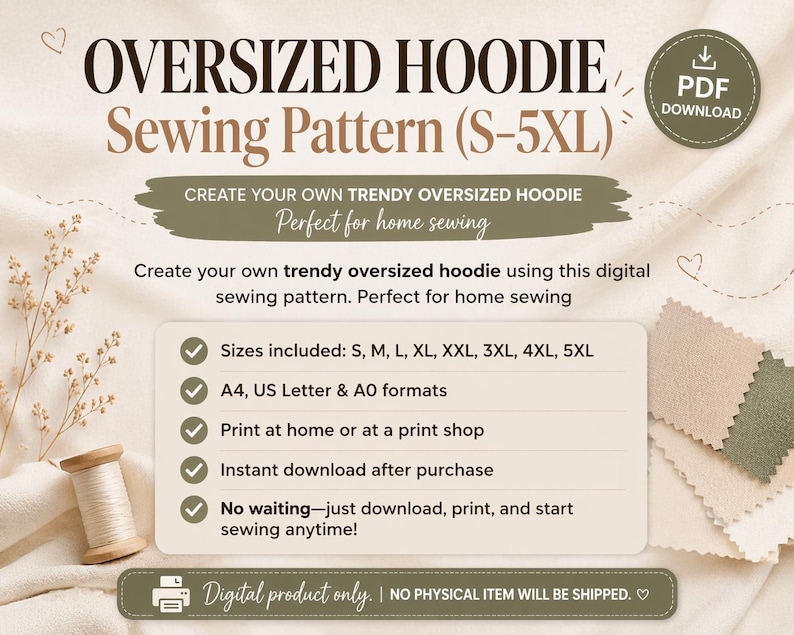 Oversized Hoodie Sewing Pattern PDF S-5XL, Unisex Sweatshirt Pattern, Beginner Easy Hoodie DIY, Printable A4 A0 US Letter Digital Download