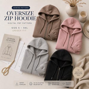 Oversized Hoodie Sewing Pattern PDF, Unisex Hoodie Pattern S-5XL, Zip Up Jacket, A4 US Letter A0, Digital Download