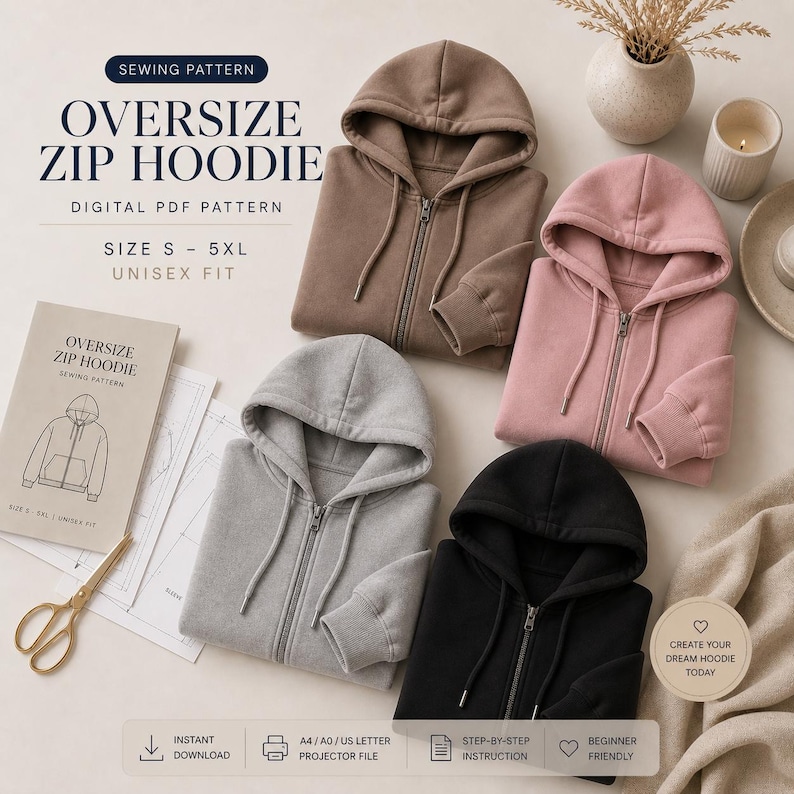 Oversized Hoodie Sewing Pattern PDF, Unisex Hoodie Pattern S-5XL, Zip Up Jacket, A4 US Letter A0, Digital Download