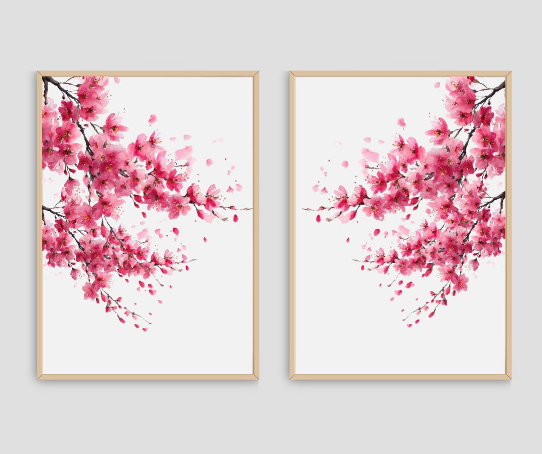 Cherry Blossom Art Print Set, Japanese Wall Decor, Sakura Floral Poster ...