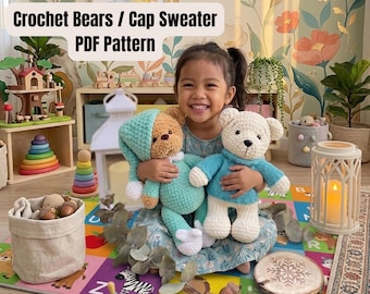 Crochet Bear Pattern PDF, Amigurumi Toy, Teddy in Cap Sweater Pajamas