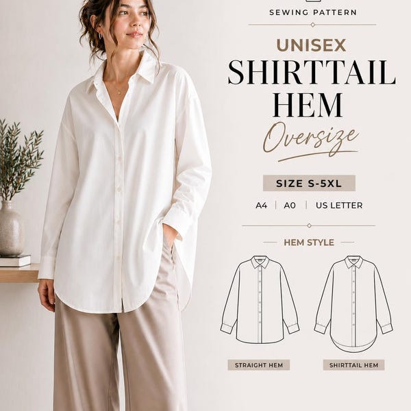 Schnittmuster für ein Oversize-Hemd (PDF), Unisex-Hemd mit Knöpfen, abgerundeter und gerader Saum, Größen S-5XL (Digitaler Download)