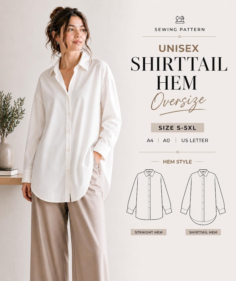 Oversized Shirt Pattern PDF, Unisex Button Up Sewing Pattern, Shirttail & Straight Hem, S-5XL Digital Download