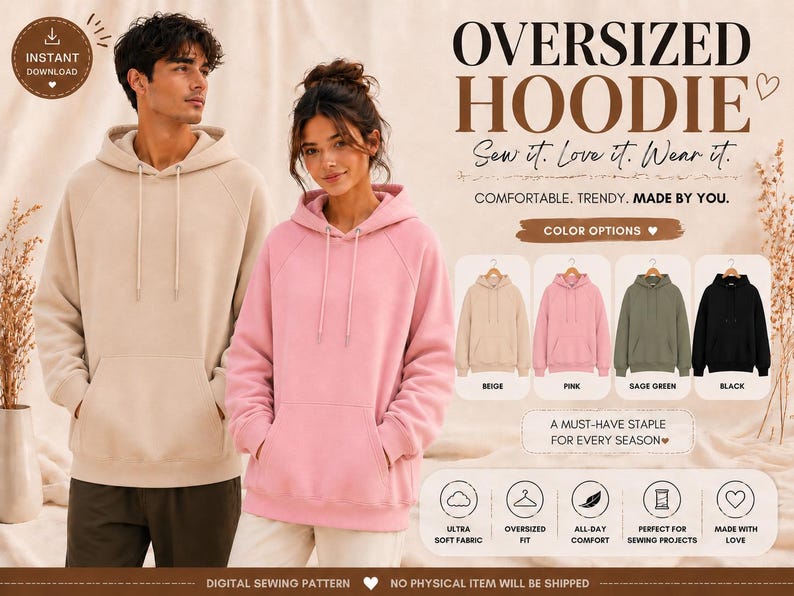 Oversized Hoodie Sewing Pattern PDF S-5XL, Unisex Sweatshirt Pattern, Beginner Easy Hoodie DIY, Printable A4 A0 US Letter Digital Download