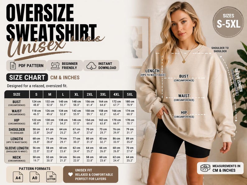 Oversized Sweatshirt Pattern PDF Unisex S-5XL | Easy Sewing Pattern Beginner Friendly | Printable A4 A0 US Letter