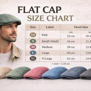 May include: A flat cap size chart displaying a range of six colors including beige, green, pink, blue, dark blue, and gray. The chart lists sizes from XS to XL with corresponding head measurements in centimeters and inches, ranging from 20.47 to 24.41 inches.