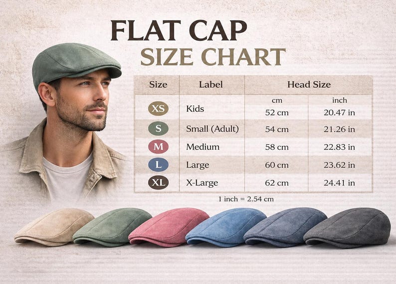 May include: A flat cap size chart displaying a range of six colors including beige, green, pink, blue, dark blue, and gray. The chart lists sizes from XS to XL with corresponding head measurements in centimeters and inches, ranging from 20.47 to 24.41 inches.