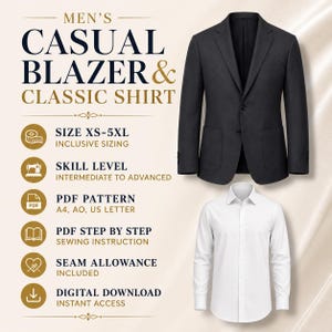 Molde de Blazer Masculino em PDF e Molde de Camisa com Botões do Tamanho XS ao 5XL | Molde para Costura de Jaqueta de Terno | Tamanhos A4, A0 e Carta Americana | Tutorial de Costura