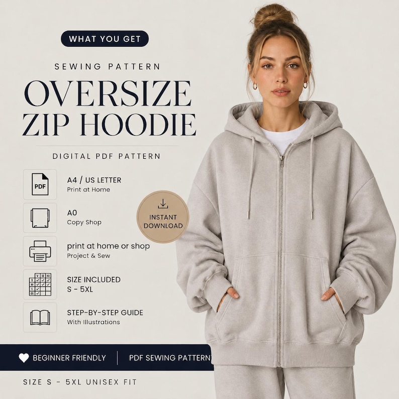 Peut inclure: Un sweat &agrave; capuche zipp&eacute; gris clair surdimensionn&eacute; avec une fermeture &eacute;clair sur le devant et une capuche. L'image comprend le texte "Oversize Zip Hoodie" et "Digital PDF Pattern". Le patron comprend les tailles S-5XL et est adapt&eacute; aux d&eacute;butants.