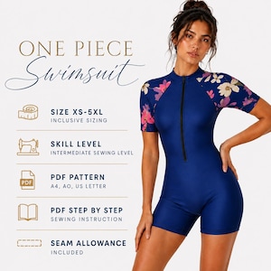 Peut inclure: Un maillot de bain une pièce bleu marine avec des manches courtes et une fermeture éclair frontale. Les manches présentent un motif floral avec des fleurs roses, blanches et bleues. Le texte à gauche indique ONE PIECE Swimsuit, SIZE XS-5XL, SKILL LEVEL, PDF PATTERN, PDF STEP BY STEP, et SEAM ALLOWANCE.