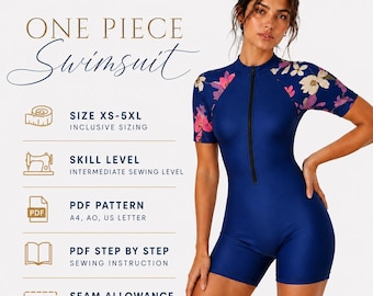 One Piece Swimsuit Pattern pdf XS-5XL | Swimsuit Sewing Pattern | Zip Front Swimwear Pattern | A4 A0 US Letter