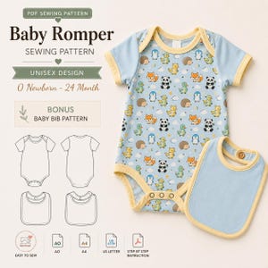 May include: Baby romper sewing pattern with a matching baby bib pattern. The blue romper features a print of animals and clouds. The pattern is unisex and fits newborns to 24 months. The text on the image says "Baby Romper Sewing Pattern".