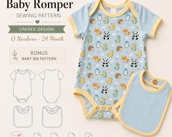 Baby Romper Sewing Pattern PDF, Baby Onesie Pattern, Unisex Newborn to 12M, A4 AO US Letter, Bib Bonus